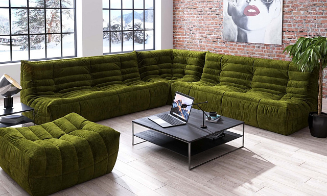 Стильная мебель Gliver в интерьере лофт , зеленый диван ДеФранс, легкий, эргономичный, дизайнерский, на заказ за 20 дней